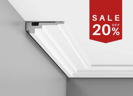 Decorative fluted cornice for interior ceilings, white finish, UK interior moulding.