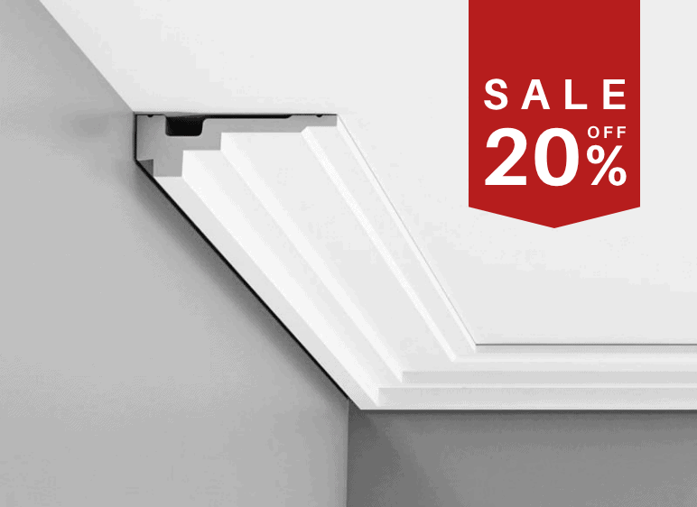 Decorative fluted cornice for interior ceilings, white finish, UK interior moulding.