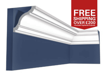 Decorative interior cornice moulding for UK homes, white with detailed design.