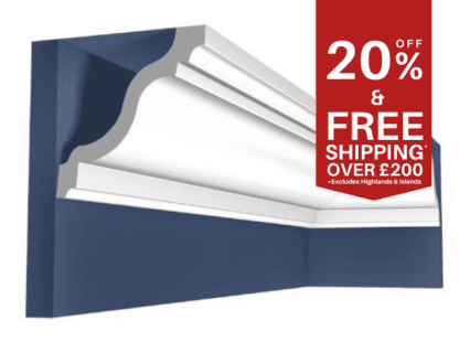 Decorative interior cornice with detailed moulding, suitable for UK homes.