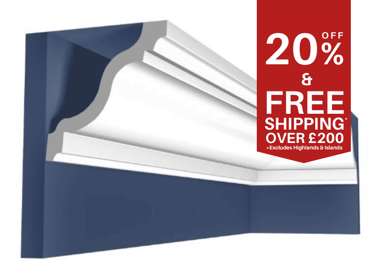 Decorative interior cornice with detailed moulding, suitable for UK homes.