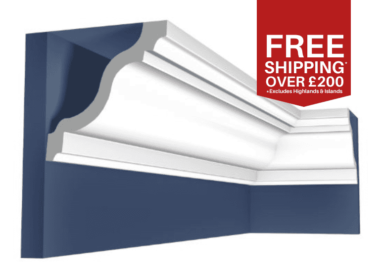 Decorative interior cornice with detailed moulding, suitable for UK homes.