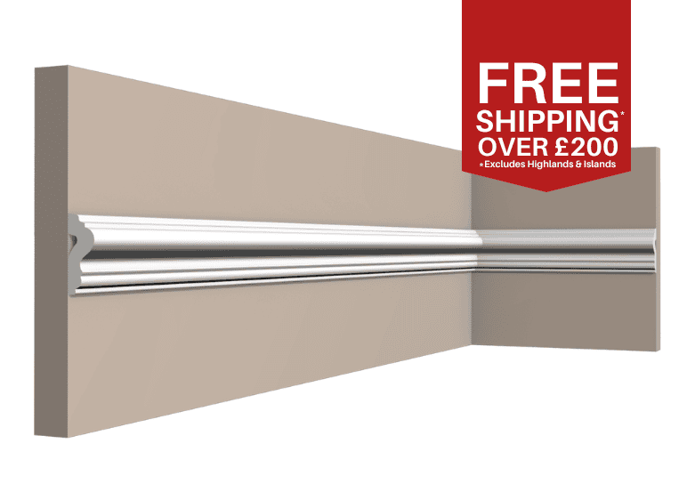 Decorative interior wall moulding rail for UK homes, shown in a room setting.