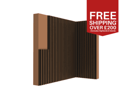 Decorative slatted wall panel with vertical black slats and a brown frame, suitable for UK interior墙.