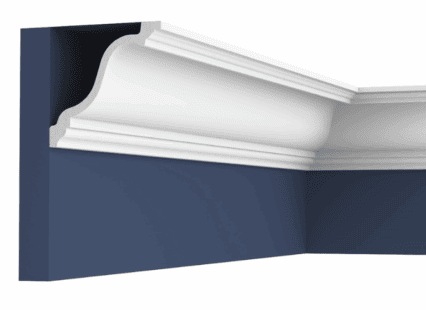 Decorative white coving with detailed moulding on navy blue wall.