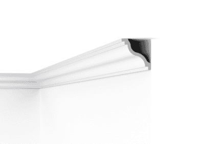 White decorative coving for interior ceilings and walls, architectural detail for homes.