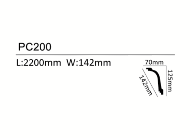 Coving profile PC200 with detailed dimensions for interior decoration.