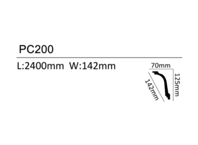 Decorative coving profile PC200 with detailed dimensions for interior design.