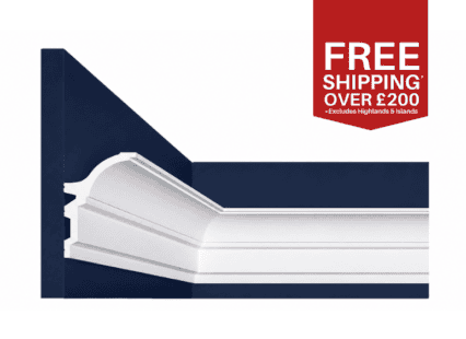 Decorative interior cornice for UK homes, white moulding with detailed design.