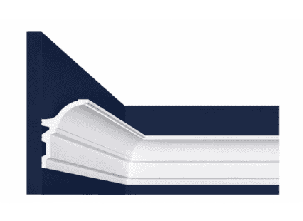 White decorative coving moulding against navy blue wall.