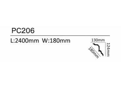 Decorative coving profile PC206 with detailed dimensions for interior design.