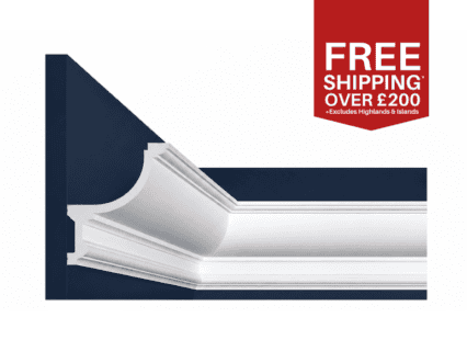 Decorative interior cornice for UK homes, white with detailed moulding design.