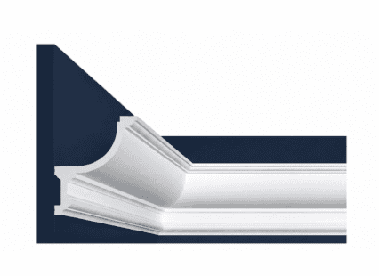 Decorative white coving corner moulding for ceiling and wall finishing.