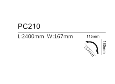 Decorative coving profile PC210 with detailed dimensions for interior design.