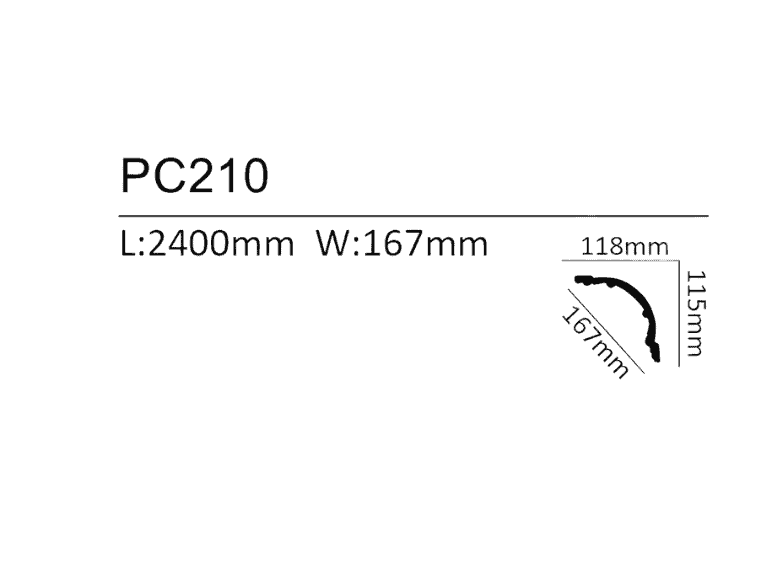 Decorative coving profile PC210 with detailed dimensions for interior design.