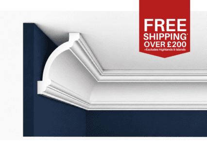 Reversible cornice moulding in white, used for ceiling decoration in UK interiors.