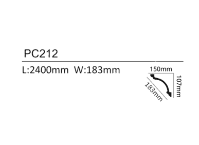 Coving profile PC212 with dimensions 2400mm length and 183mm width, ideal for enhancing ceiling and.