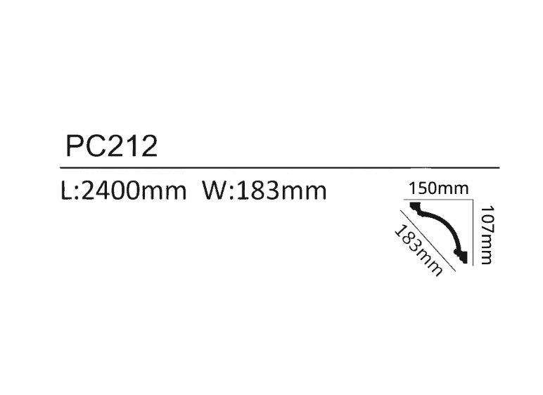 Coving profile PC212 with dimensions 2400mm length and 183mm width, ideal for enhancing ceiling and.