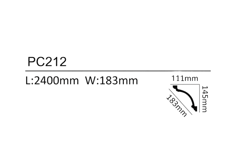 Decorative coving profile PC212 with detailed dimensions for interior design.