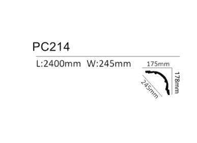 Decorative coving profile PC214 with detailed dimensions for interior design.