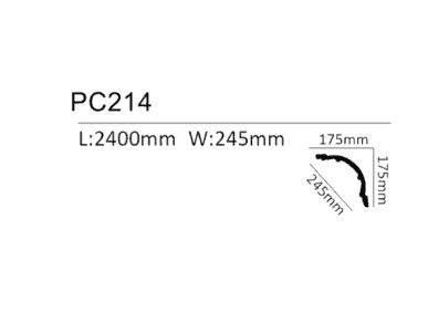 Decorative coving profile PC214 with detailed dimensions for interior design.