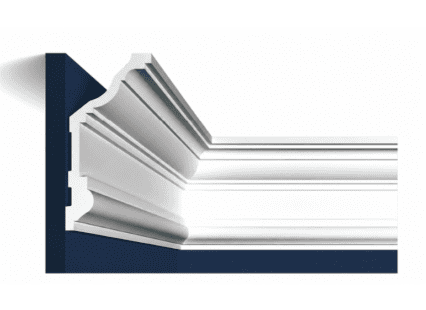 White decorative coving with detailed mouldings for interior ceiling finishing.
