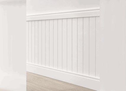 Vertical panelled wall moulding for interior decor in UK homes.
