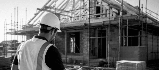 UK Home Interiors shows a construction worker at a building site with scaffolding and brickwork.