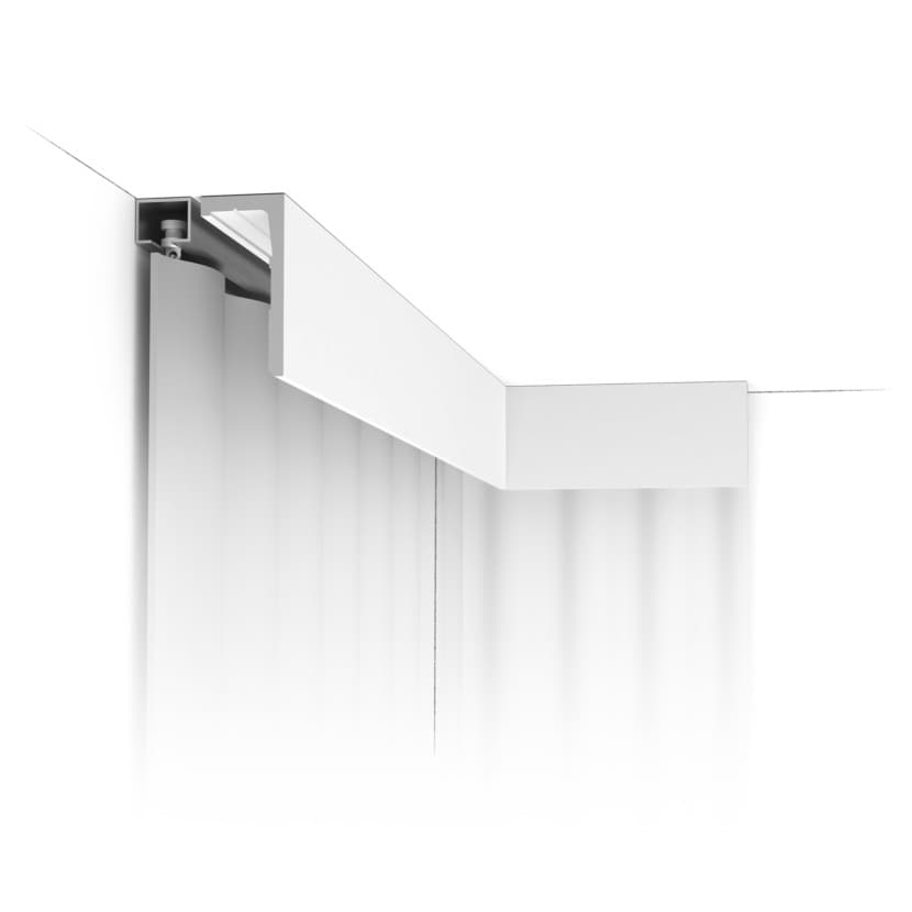 Decorative ceiling cornice moulding in white for interior design.