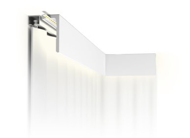 Decorative ceiling cornice with LED lighting in a UK interior setting.