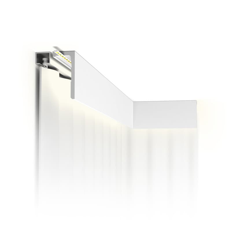 Decorative ceiling cornice with LED lighting in a UK interior setting.