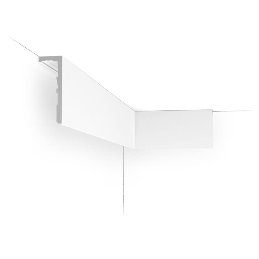 Decorative pelmet cornice used in interior ceiling design, UK interior moulding style.