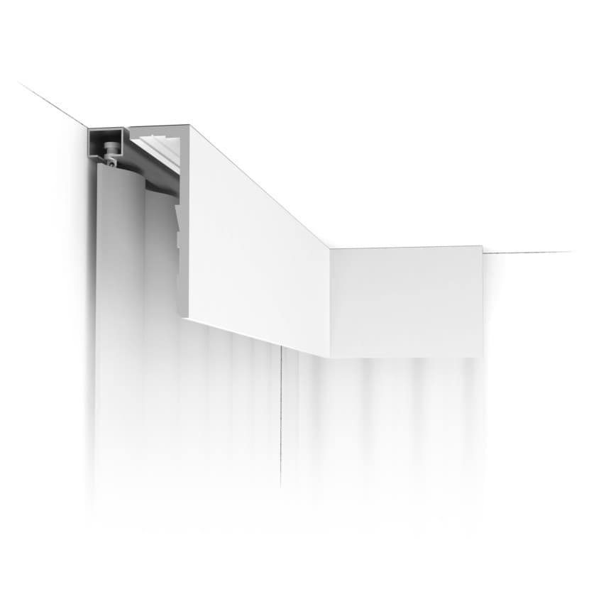Decorative ceiling cornice moulding in a modern interior setting, white finish, close-up view.